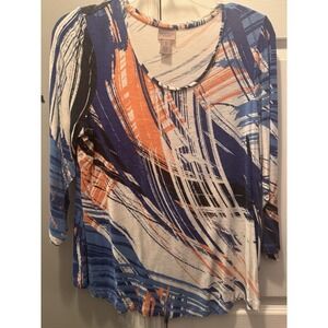 Chico's EasyWear Tunic Blouse 3/4 Sleeve Round Neck Abstract Blue Orange Size 1